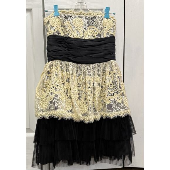 Vintage Betsey Johnson Tulle Lace Ivory Black Strapless Cocktail Dress sz 4 - Picture 1 of 7